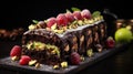 A traditional Christmas cake with dark chocolate, pistachios and berries.