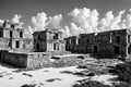 The ancient ruins in Mexico are black and white.