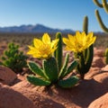 a desert cacti with yellow flowers and trees in the background. Royalty Free Stock Photo