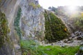 Landscape image of columnar jointing of basalt rocks and foliage in Boyabat, Sinop, Turkey, at a sunny day Royalty Free Stock Photo