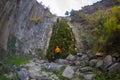 Landscape image of columnar jointing of basalt rocks and foliage in Boyabat, Sinop, Turkey, at a sunny day Royalty Free Stock Photo