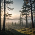 A dense forest with mist in the morning.