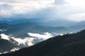 Landscape image of greenery rainforest hills in foggy day with blue sky Royalty Free Stock Photo