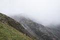 Landscape image of Llyn Idwal in Glyders mountain range in Snowdonia during heavy rainfall in Autumn