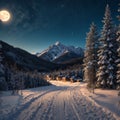The mountain road goes through the snowy forest on a full moon night. Royalty Free Stock Photo