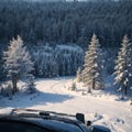 The winter landscape is seen from the air.