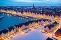 an old town at a frozen river in Poland.