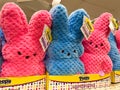 Landscape image of Pink and blue Peeps Light Up Bunnies lined up on a drugstore shelf for the