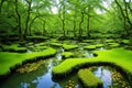 The pond is covered with moss.