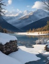 Landscape of snow covered lake in the mountains Royalty Free Stock Photo