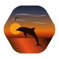 Landscape image of sunset with jumping dolphin and seagull