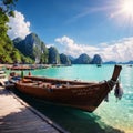 a traditional long tail boat on the Maya Bay in Thailand.