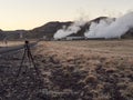 Landscape with industrial buildings and factory smoke in Hellisheidi Iceland