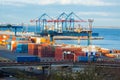 Landscape industrial sea port with cranes Royalty Free Stock Photo