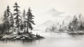 Black And White Sketch Of Pine Trees Along Water