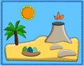 Landscape with the island of dinosaurs. Volcano, palm trees, sand, stones, sun, dinosaur eggs. prehistoric cartoon panorama