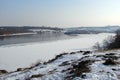 The water mirror is covered with ice of the Dnieper River near the Khortitsa Island in the frosty winter. city of Zaporozhye. Ukra Royalty Free Stock Photo