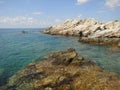 Beautiful view of the Mediterranean Sea and the coast near the Eparchiaki Odos Pilonas-Katavias road. Rhodes Island, Greece Royalty Free Stock Photo