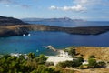 View of Lindos beach in August. Lindos, Rhodes Island, Dodecanese, Greece Royalty Free Stock Photo