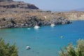 View of Lindos beach in August. Lindos, Rhodes Island, Dodecanese, Greece Royalty Free Stock Photo