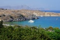 View of Lindos beach in August. Lindos, Rhodes Island, Dodecanese, Greece Royalty Free Stock Photo