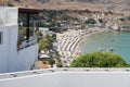 View of Lindos beach in August. Lindos, Rhodes Island, Dodecanese, Greece Royalty Free Stock Photo