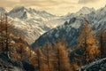 Landscape of the Italian Alps in autumn with brown larch trees and snowcapped mountains,