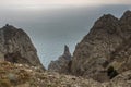 Landscape of Karadag Reserve in spring. View of Rock Ivan Razbojnik of ridge Karagach. Crimea