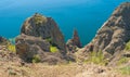 Landscape on Karadag volcanic mountain range, Black Sea shore in Crimean peninsula