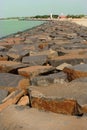 Landscape of karaikal beach with stone way and light house. Royalty Free Stock Photo