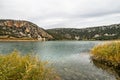 Landscape of karstic cliffs in large lagoon of Tobar in Beteta, Cuenca, Serrania de Cuenca. Castilla la Mancha, Spain