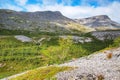 landscape of the Khibiny mountains with bushes, trees and a mountain peaks on a sunny day. Kola Peninsula, Russia