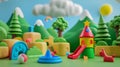 A landscape of kids toys with a 3D modern background. Illustration made with plasticine.