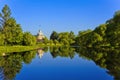 Landscape in Kolpino, overlooking the pond and the building Royalty Free Stock Photo