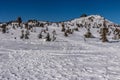 Landscape of Krkonose (Giant) mountains, Czech Republic. Polish mountain hut on Szrenica visibl