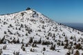 Landscape of Krkonose (Giant) mountains, Czech Republic. Polish mountain hut on Szrenica visibl