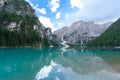 Landscape of Lago di Braies in dolomite mountains. Braies Lake with Seekofel mount on background, Italian Alps, Nature park Fanes- Royalty Free Stock Photo