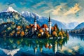 Landscape with lake Bled, Slovenia, Europe, Digital painting