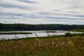 Landscape with lake, blue sky, clouds and trees. Beautiful nature landscape in a summer day Royalty Free Stock Photo