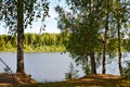 Landscape with lake, blue sky, clouds and trees. Beautiful nature landscape in a summer day Royalty Free Stock Photo