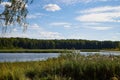 Landscape with lake, blue sky, clouds and trees. Beautiful nature landscape in a summer day Royalty Free Stock Photo