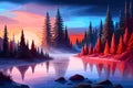 Landscape with lake, coniferous pine tree forest at sunset. winter nature, Vector illustration, generative ai Royalty Free Stock Photo