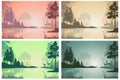 Landscape with lake, forest, fallow deer silhouettes, sunset, sunrise. Set of four colors.