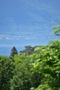 Landscape of lake geneva between some trees with bokeh in first ground