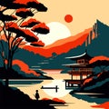 Landscape of lake and japanese temple. Vector illustration. generative AI