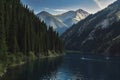 landscape with Lake Kolsay in Tien Shan mountains in Kazakhstan in summer Royalty Free Stock Photo