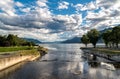 Landscape of lake Maggiore with cloudy blue sky at sunset. Royalty Free Stock Photo