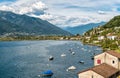 Landscape of Lake Maggiore with mountains and Magadino village in the background from Vira Gambarogno village, Switzerland Royalty Free Stock Photo