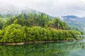 Lake and misty forest in mountains in a rainy day Royalty Free Stock Photo