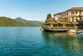 Landscape of Lake Orta with historic building on the bank of lake Orta, Italy
